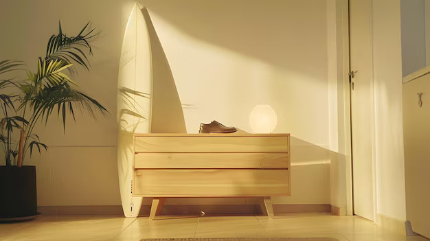 Modern Living Room Interior with Surfboard, Shoe Stand, and Chest of Drawers – AI-Generated Design